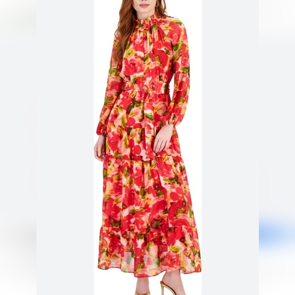Taylor Dresses & Skirts - New Taylor Floral Chiffon Smocked Neck Sheer Ling Sleeve Belted Maxi Dress